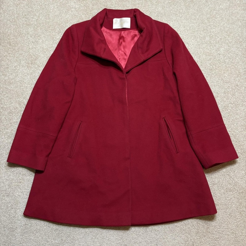 Fleurette Loro Piana Car Coat Jacket Womens 8 Red 100% Wool Stand Collar Italy